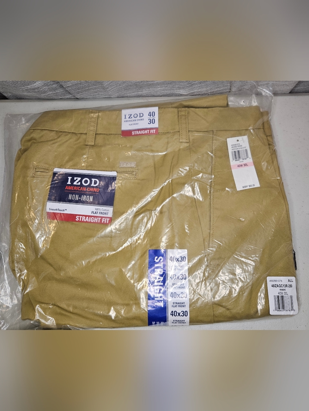 IZOD Men’s Khaki Chino Pants Straight Fit 40x30 100% Cotton No Iron Flat Front - Picture 2 of 10